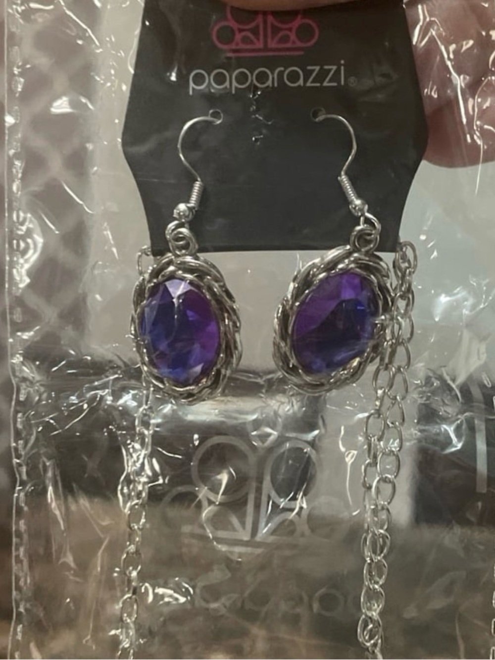 Paparazzi Purple Faceted Stone Silver Dangle Necklace and earrings